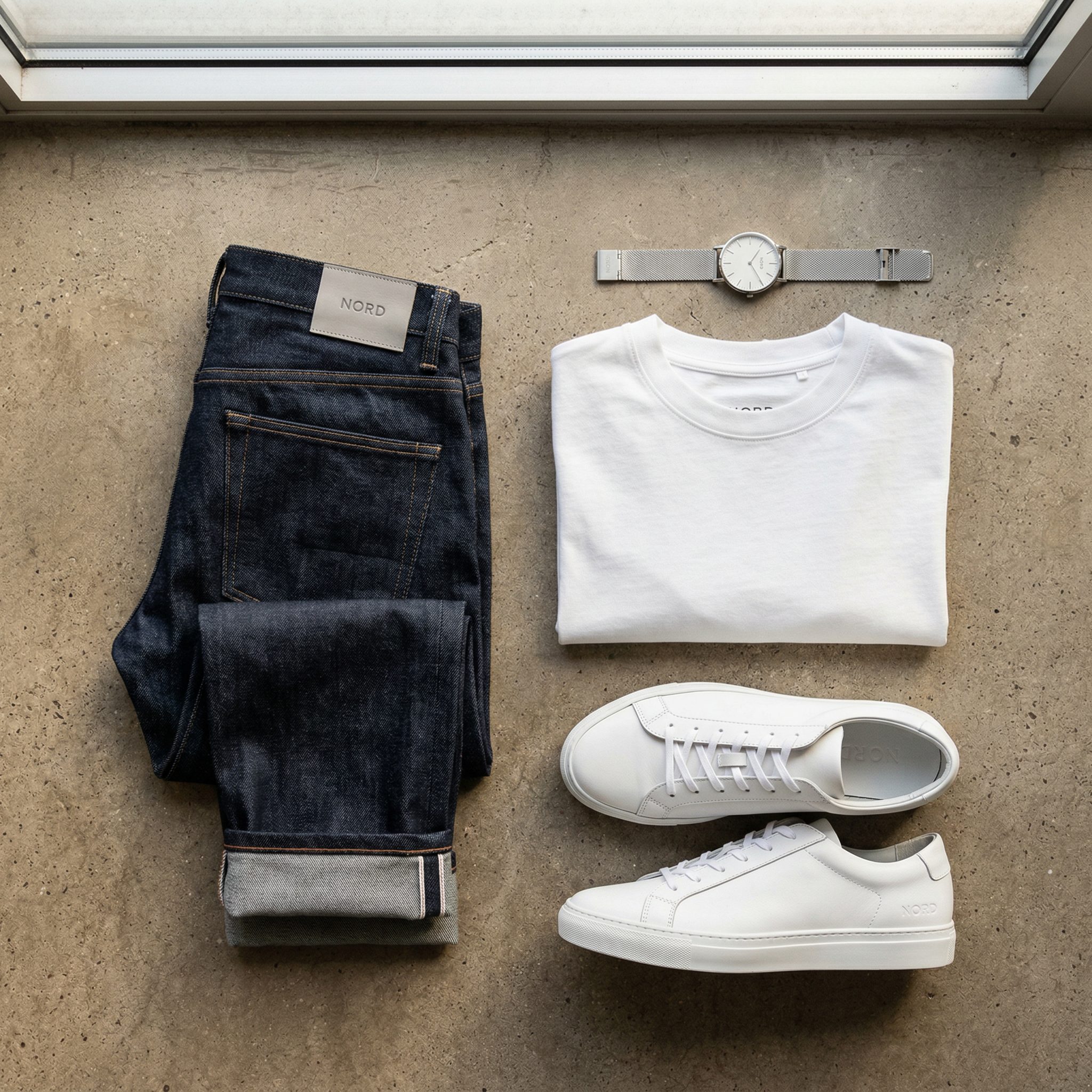 Flat lay: jeans, hvid t-shirt, ur og sneakers