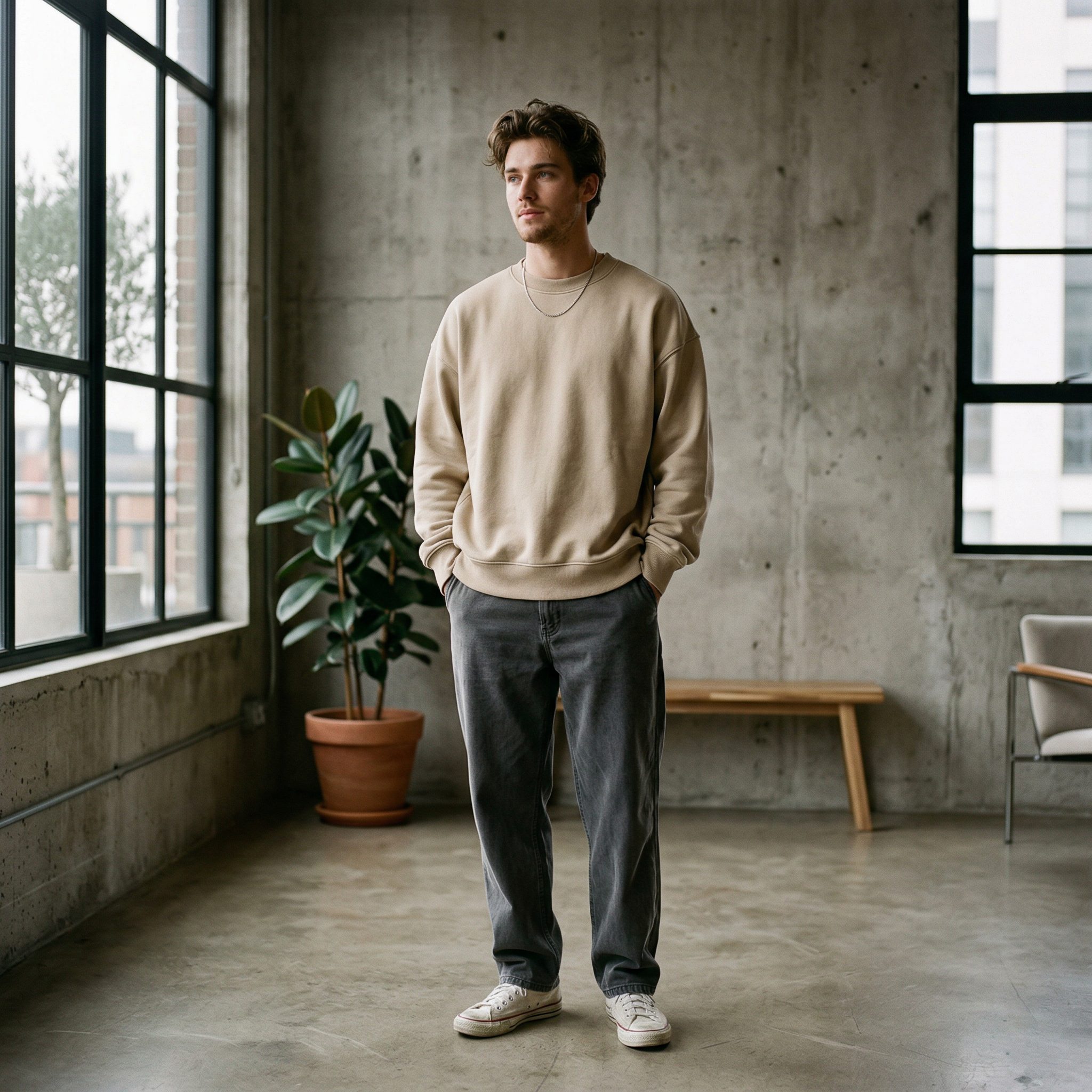 Model i sand sweatshirt i loft-miljø