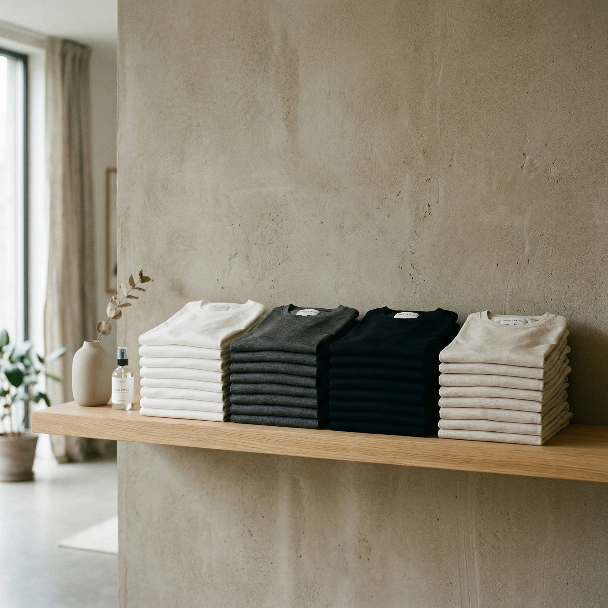 Stablede foldede t-shirts på hylde