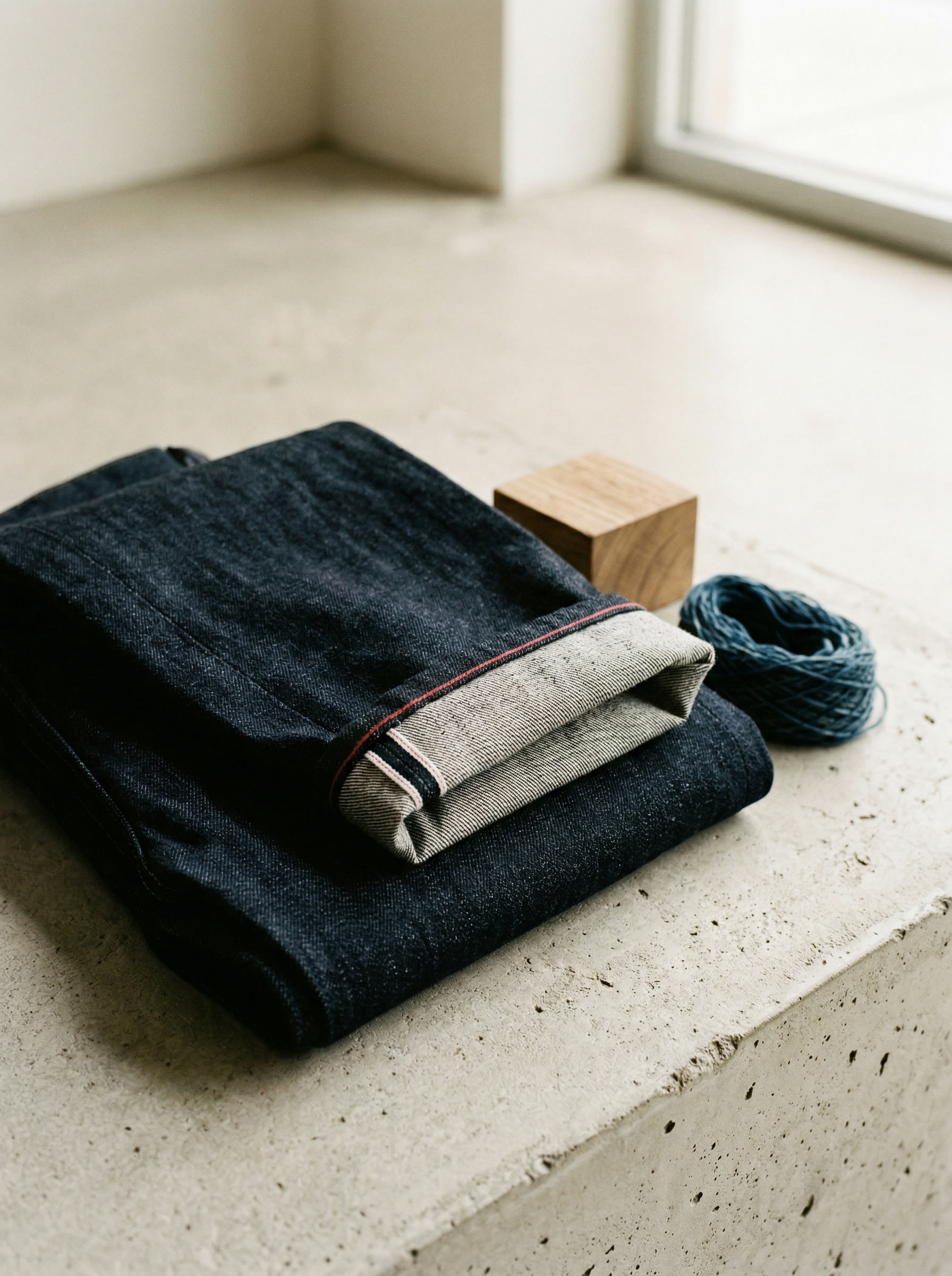 Mørk selvedge denim jeans med synlig tekstur